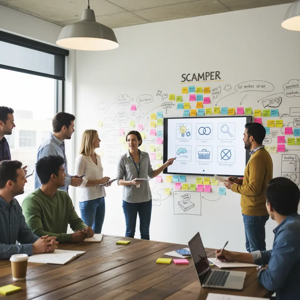 An interdisciplinary divergent-thinking workshop: a diverse team of marketers, engineers, designers and end-user reps clustered around a large wall covered in colorful sticky notes and mind-map diagrams, a facilitator guiding them with SCAMPER method icons displayed on a digital whiteboard