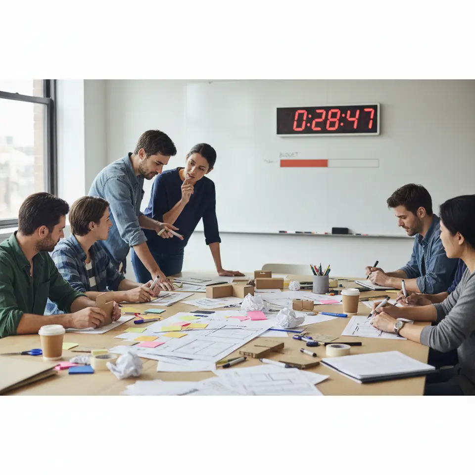 Constraint-driven rapid prototyping session: designers and engineers creating low-fidelity mockups and paper sketches on a cluttered table, simple cardboard prototypes and wireframes in progress, a visible countdown timer or budget gauge, and a small group of users giving real-time feedback