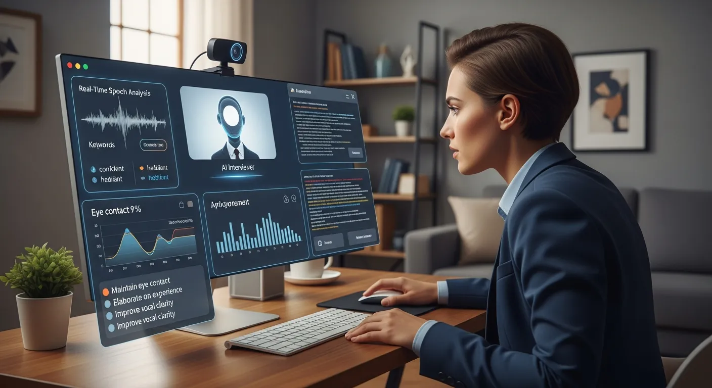 Person practicing a mock interview using AI tools with webcam and feedback analysis on screen.