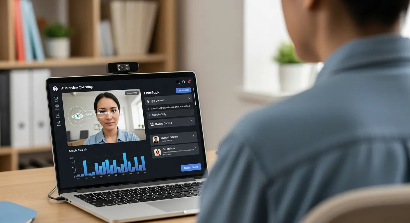 Person practicing interview with AI software providing feedback on speech, eye contact, and performance through a laptop camera