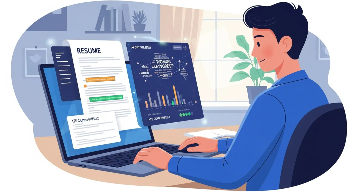 Job seeker using AI software to optimize resume with keywords and ATS-friendly formatting on a laptop.