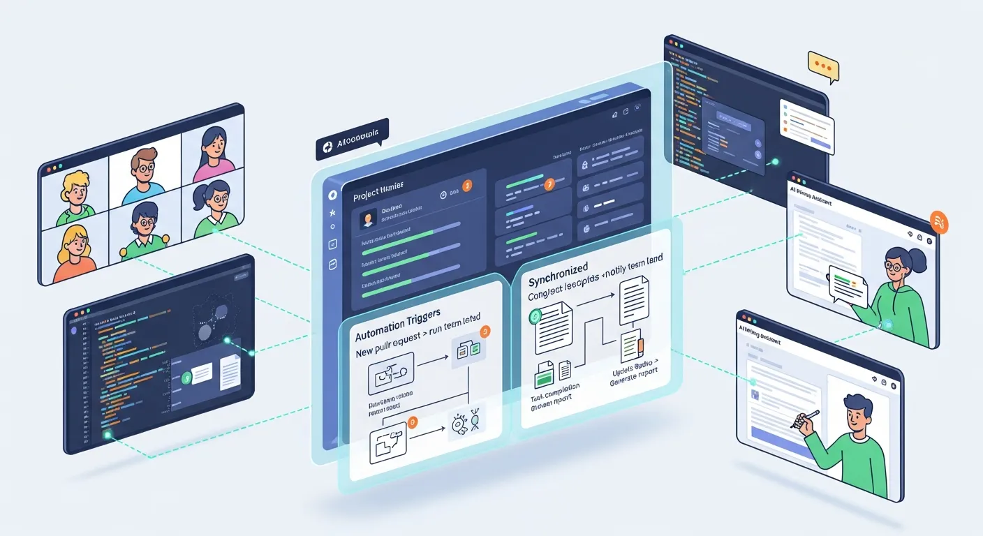 Team collaborating remotely with AI tools showing real-time updates, automation triggers, and synchronized project data.