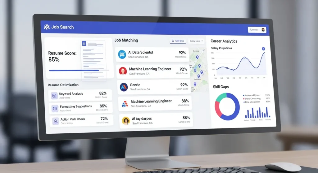 Best AI Job Search Tools to Fast-Track Your Career in Nowdays. AI job search tools dashboard showing resume optimization, job matching, and career analytics