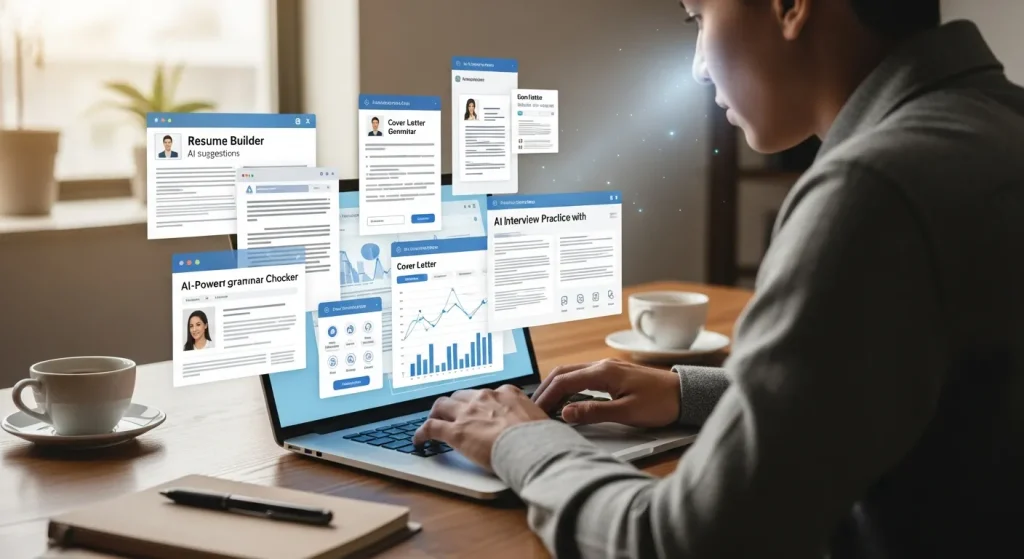 Job seeker using free AI tools on laptop to improve resume and job applications