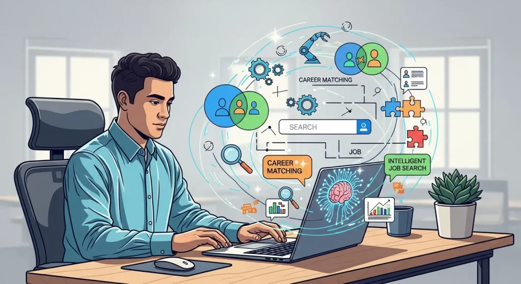 How an AI Job Finder Transforms Your Career Search Modern workspace showing a professional using an AI job finder on a laptop with digital elements representing automation, career matching, and intelligent job search technology.