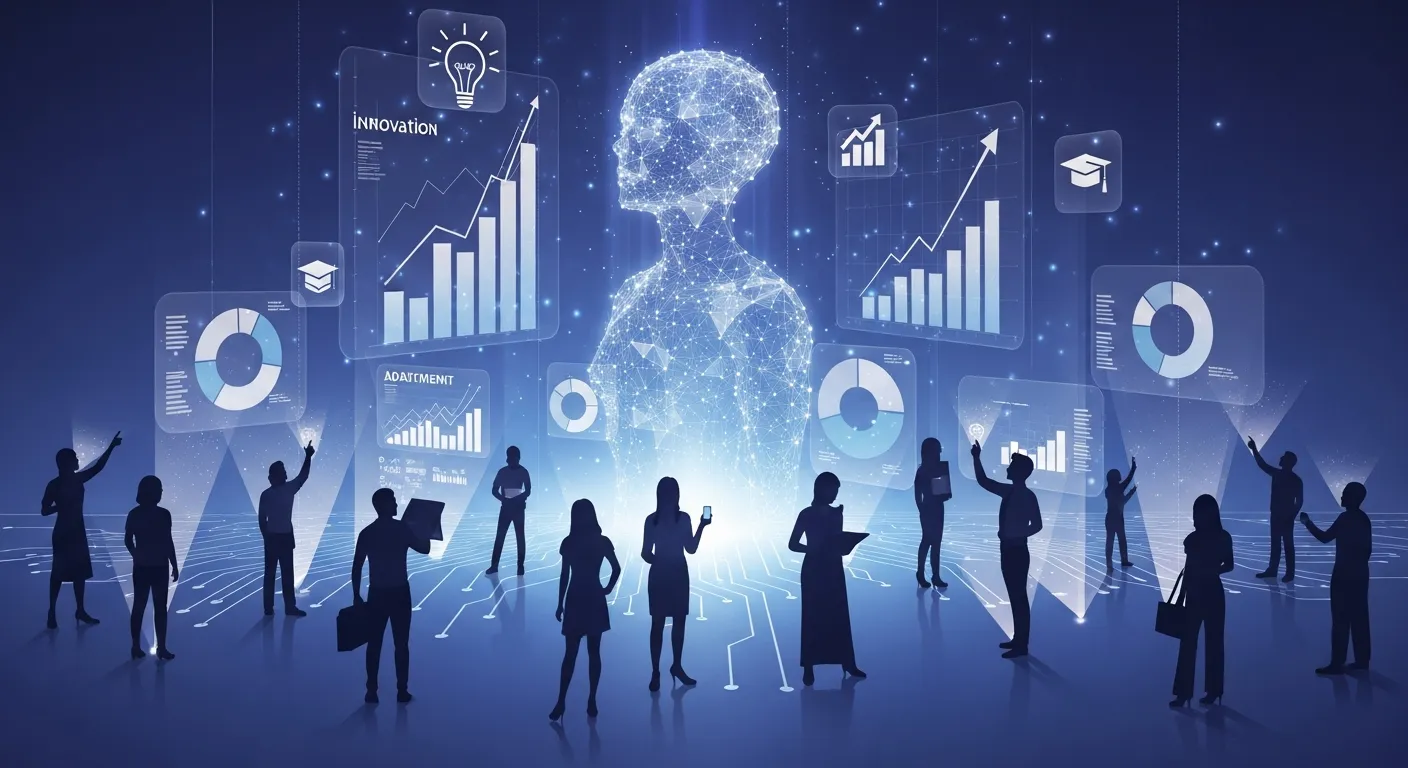 Futuristic concept of artificial intelligence guiding career paths with data visualization, charts, and professional growth icons.
