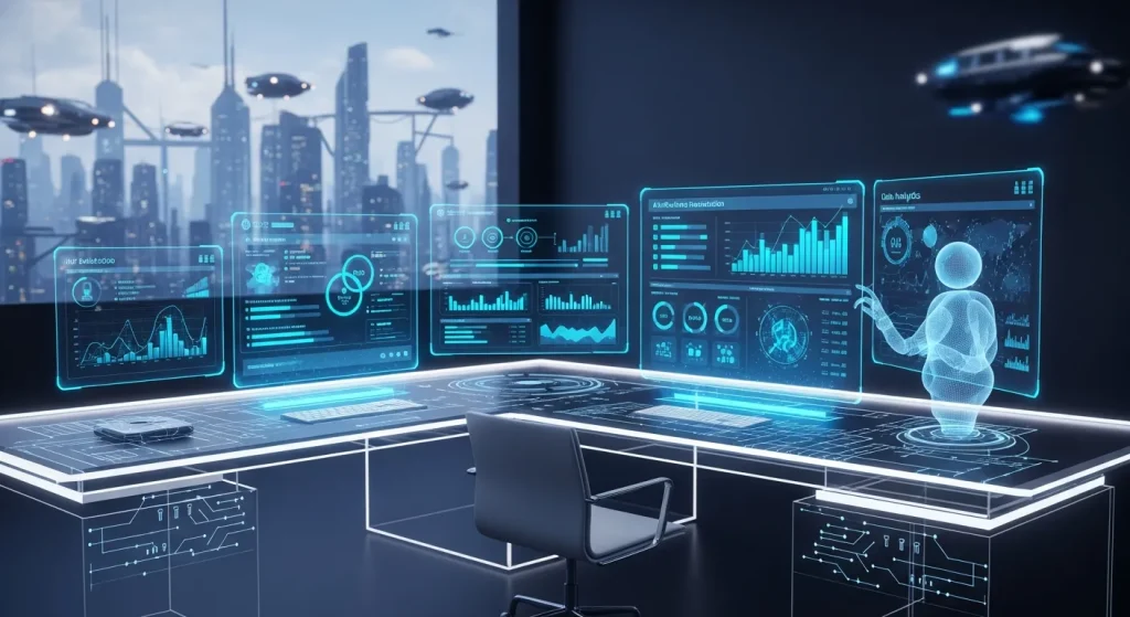 The Ultimate Guide to AI-Powered Productivity Tools Futuristic digital workspace with AI-powered productivity tools, showing automation dashboards, data analytics, and smart assistants enhancing efficiency and workflow.