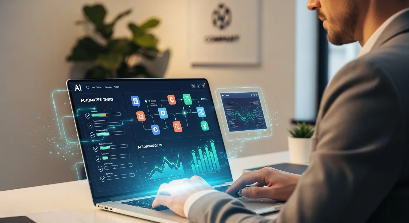 Professional using AI software on laptop with automated tasks, dashboards, and digital workflow tools visible on screen.