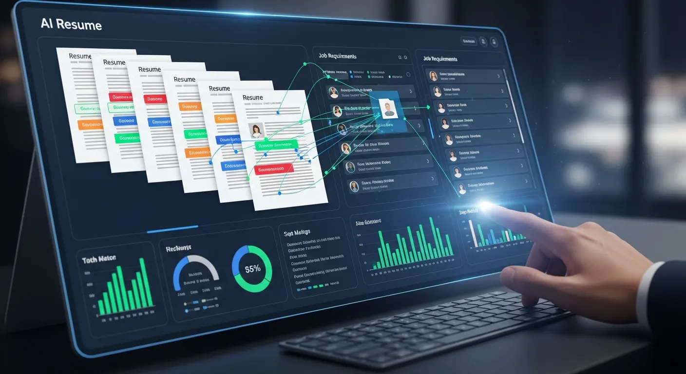 Illustration showing AI analyzing resumes and matching candidates with job opportunities on a digital dashboard