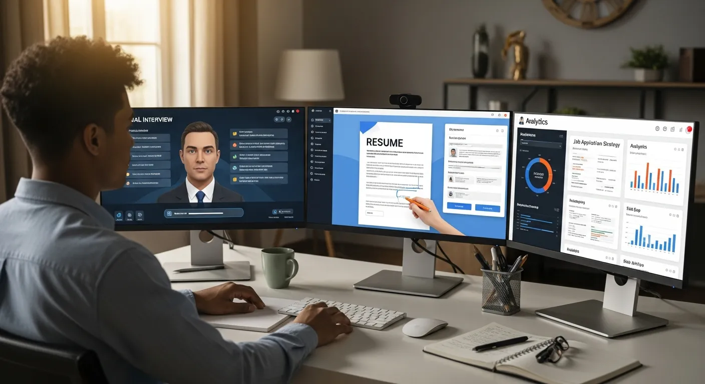 Job seeker using multiple AI tools together to optimize resume, prepare interviews, and improve job application strategy.
