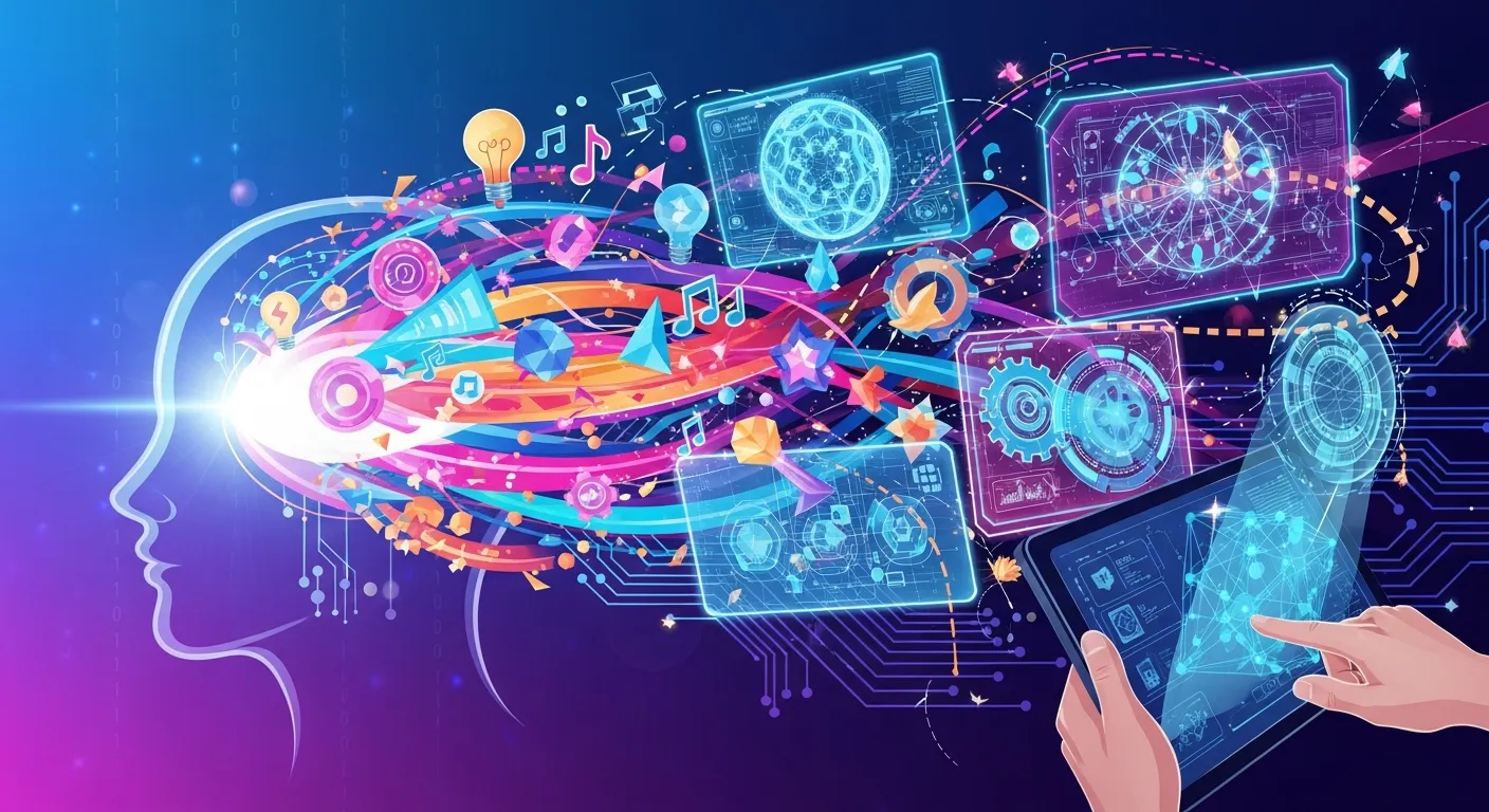 Professionals using AI tools and digital platforms to enhance creativity and develop innovative breakthrough solutions in a modern workspace