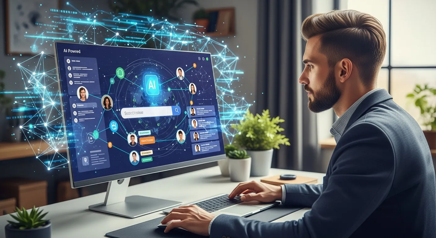 Professional using AI-powered job search and networking platforms to discover opportunities and connect online and best free AI tools for job seekers.