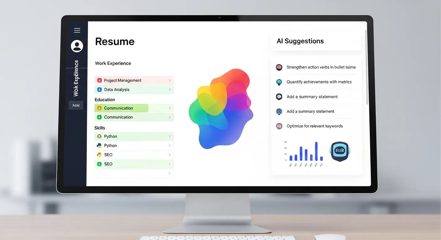 Digital screen displaying resume analysis with highlighted skills, keywords, and AI suggestions for improvement.