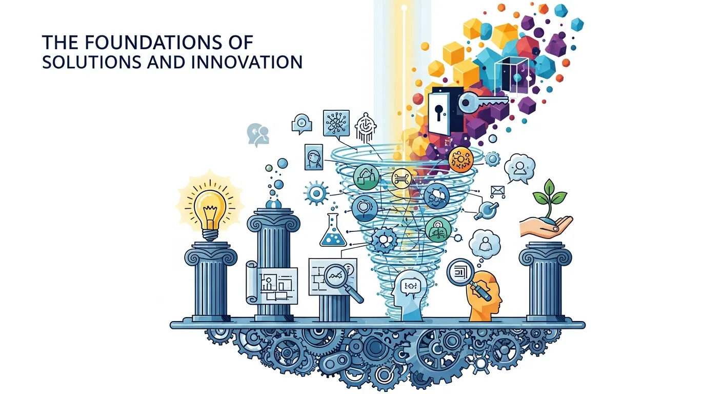 Illustration of a team building innovative frameworks, brainstorming ideas, and developing creative solutions for business growth