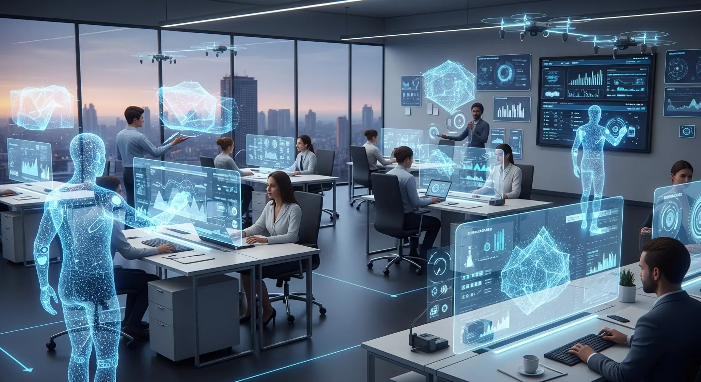 futuristic workspace showing AI assistants managing tasks and supporting human workers
