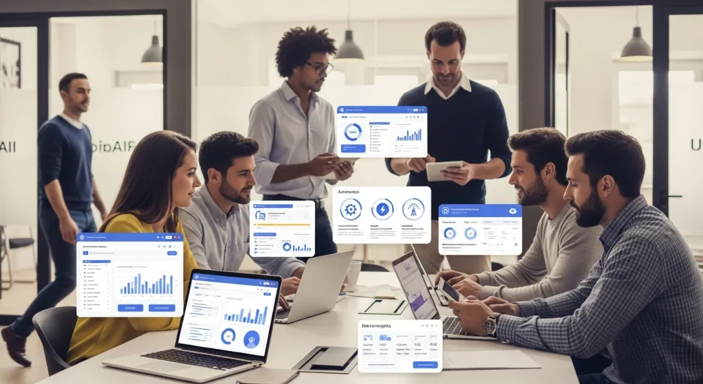 The Ultimate Guide to AI Productivity Tools for Modern Teams Modern team collaborating using AI productivity tools on laptops and tablets, with dashboards, automation icons, and data insights on screen, representing improved efficiency and workflow through artificial intelligence.