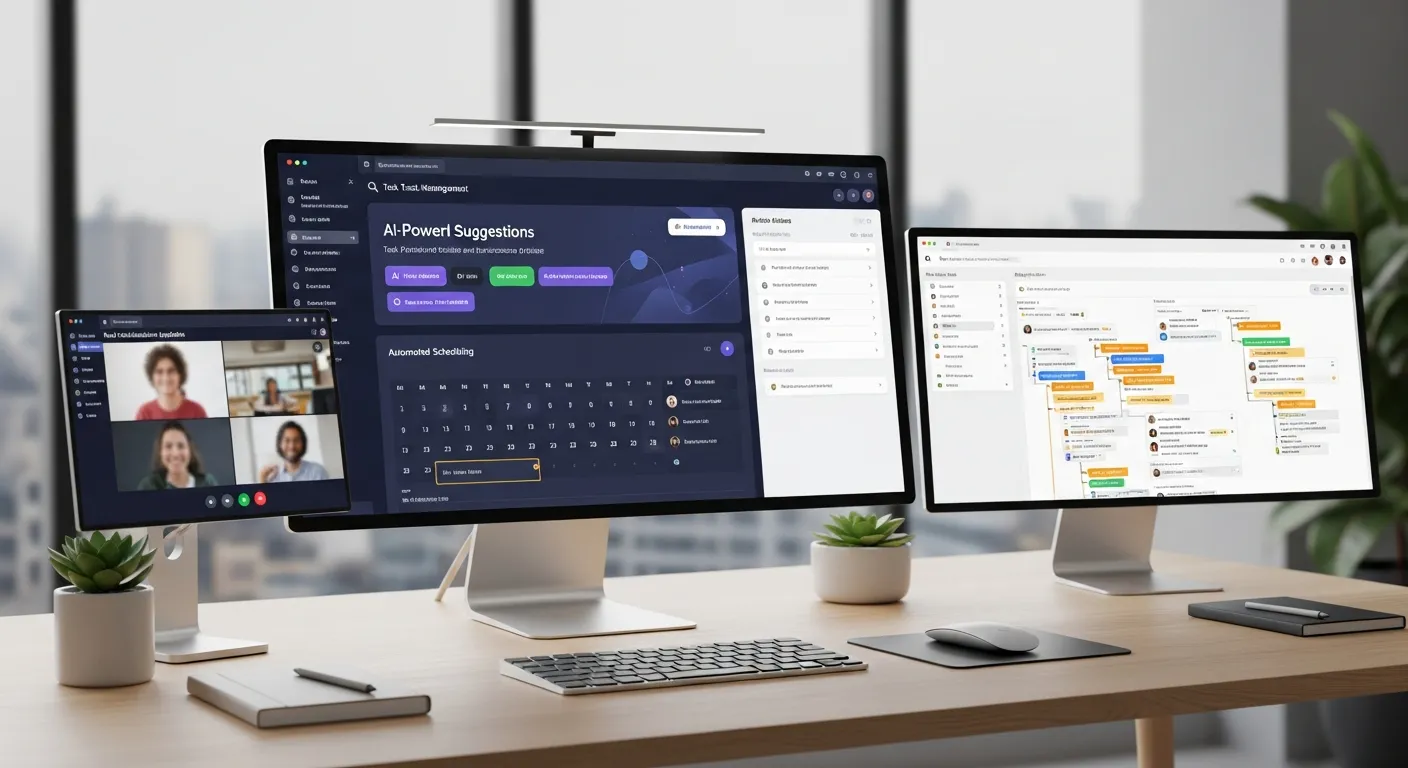 Modern workspace showing task management app with AI suggestions, automated scheduling, and organized project boards.