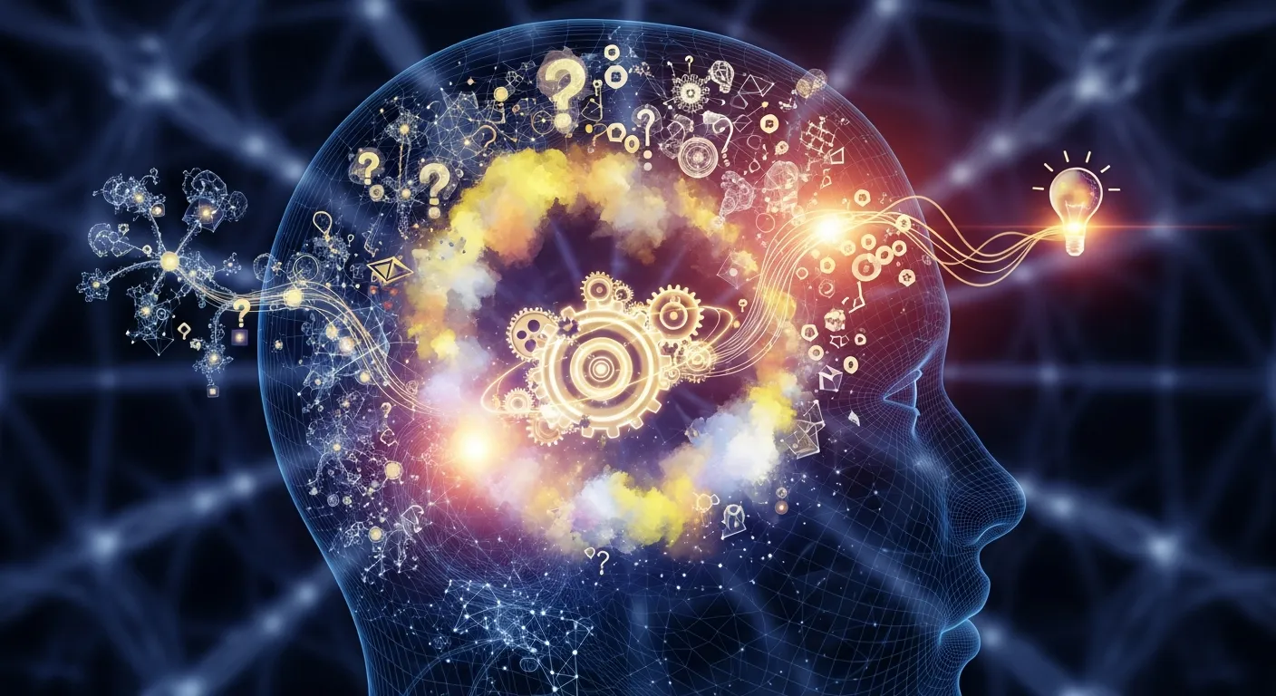 Visual of human brain with divergent and convergent thinking concepts representing creativity, cognitive flexibility, and innovation mindset