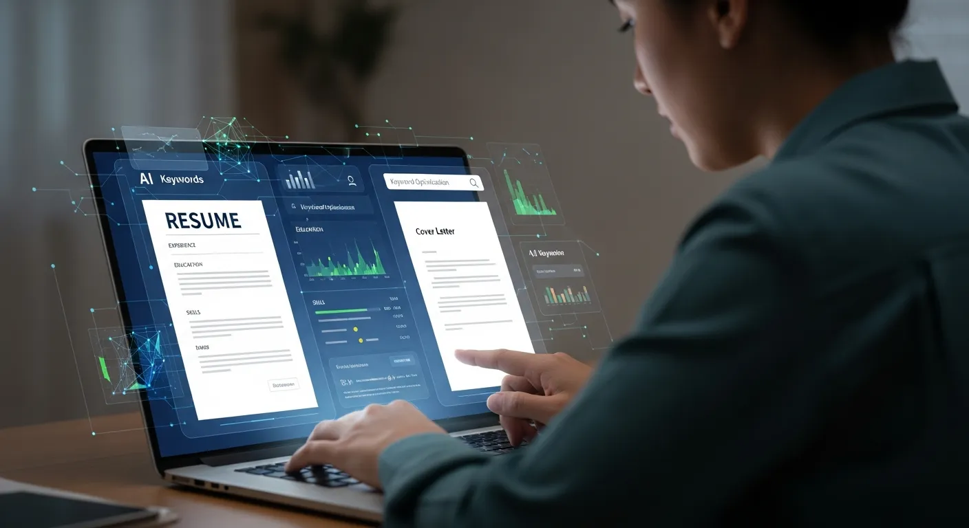 Person using AI software on a laptop to build a professional resume and cover letter, improving job application quality with smart keyword optimization.