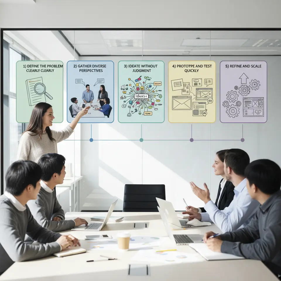 An infographic illustrating the five-step framework for generating creative solutions: five connected panels or icons labeled 1) Define the Problem Clearly (magnifying glass over a problem statement), 2) Gather Diverse Perspectives (multicultural team around a table), 3) Ideate Without Judgment (explosive colorful mind-map), 4) Prototype and Test Quickly (paper sketches, digital wireframes with user feedback), and 5) Refine and Scale (upward arrow with gears)—clean modern style with corporate pastel colors.