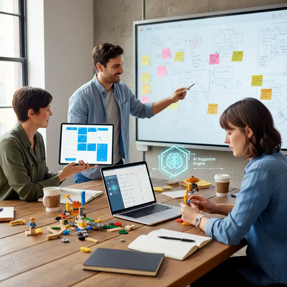 A detailed illustration of a creativity toolkit in action: a collaborative workspace with a digital whiteboard full of sticky notes and sketches (Miro/MURAL style), a laptop screen showing Figma wireframes, LEGO® Serious Play bricks on the table, an idea-management dashboard (cards in Trello/Asana layout), and an AI suggestion engine icon—vibrant, tech-forward visual conveying hands-on innovation tools.