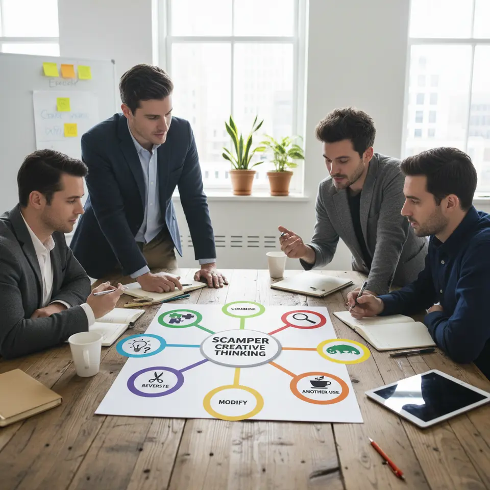 An infographic of the SCAMPER creative-thinking framework: a central concept node with seven branching arms labeled Substitute, Combine, Adapt, Modify, Put to another use, Eliminate, and Reverse—each branch featuring a simple, colorful icon that represents its action (for example, scissors for Eliminate, puzzle pieces for Combine)