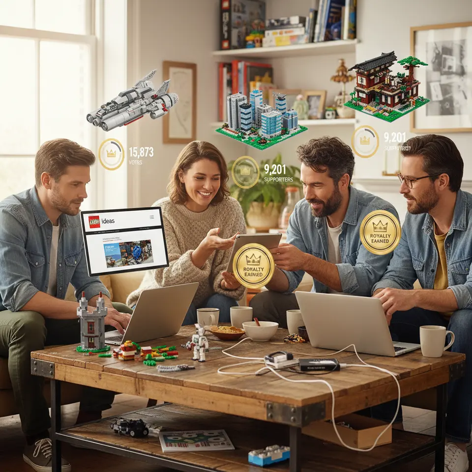 A community-driven LEGO reinvention scene: adult fans logging into an online ‘LEGO Ideas’ platform on their laptops or tablets, submitting new set designs, with a vibrant collage of assembled brick prototypes, crowd-vote counters, and royalty badges floating around to show user empowerment and collaborative innovation.