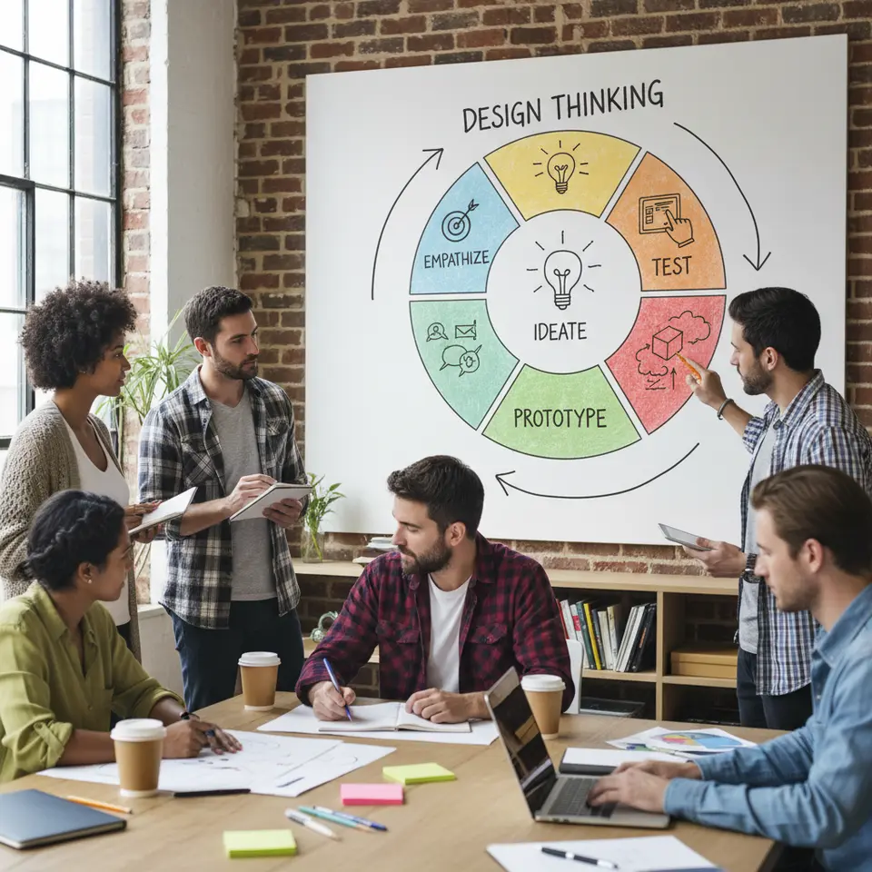 A circular, five-segment infographic illustrating the Design Thinking process: Empathize (icon of a person with a speech bubble), Define (icon of a target or problem statement), Ideate (lightbulb icon with scattered ideas), Prototype (sketches or a 3D block), and Test (user interacting with a product), with arrows showing iteration between each stage.