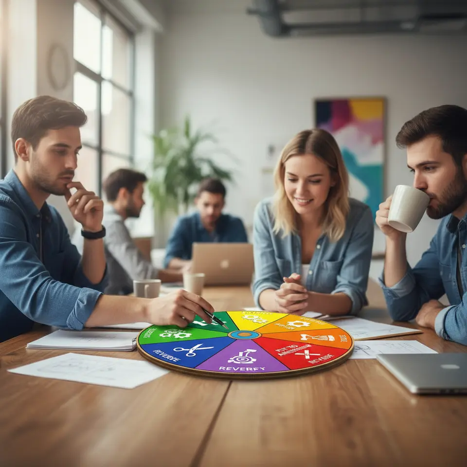A colorful wheel divided into seven labeled sections for the SCAMPER technique: Substitute (exchange arrows), Combine (interlocking puzzle pieces), Adapt (gears meshing), Modify (wrench adjusting an object), Put to Another Use (a tool repurposed as a different shape), Eliminate (scissors cutting), and Reverse (curved arrow flipping direction), each segment featuring a simple icon to represent its action.