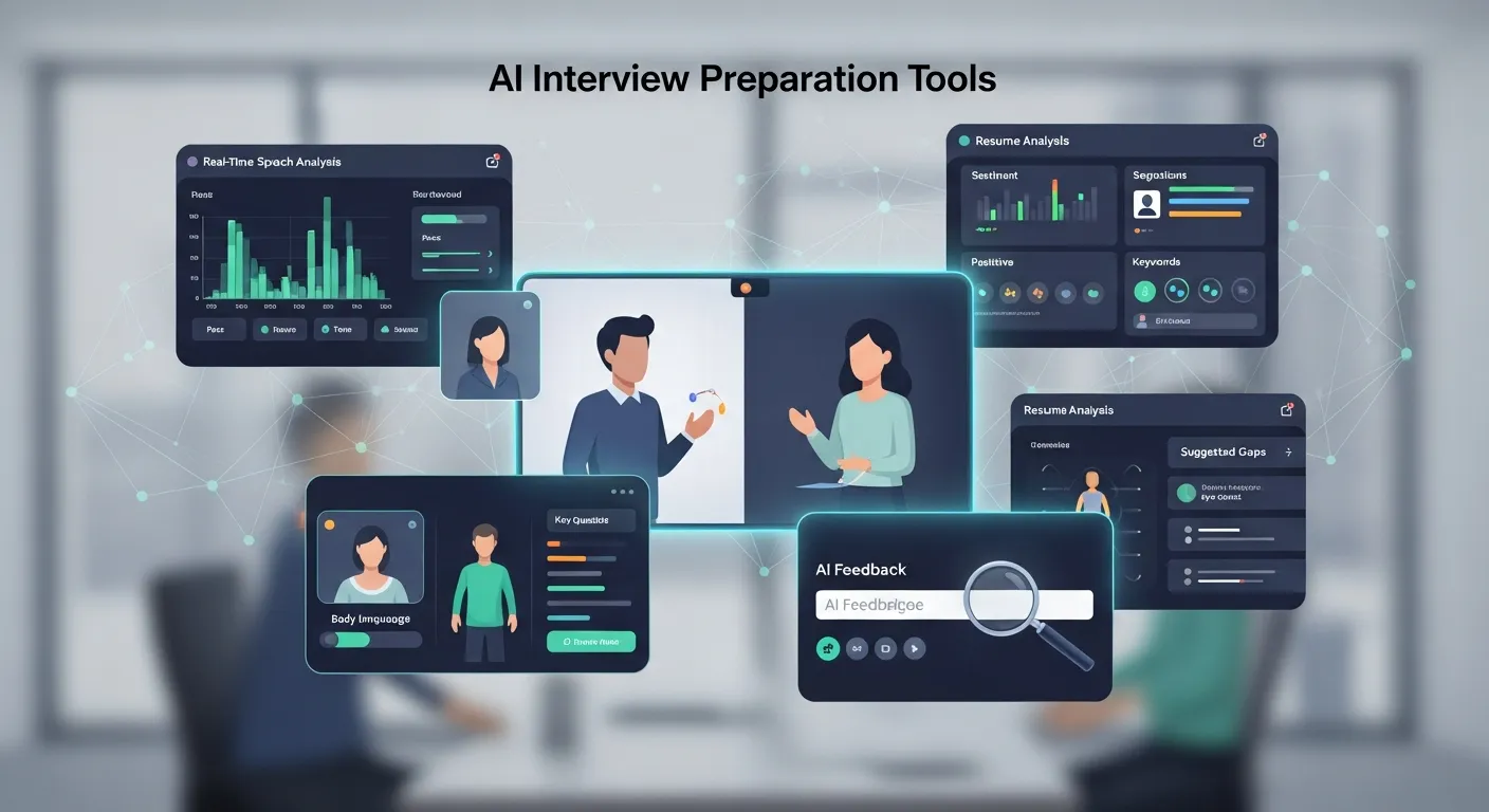 Candidate practicing mock interview with AI software analyzing voice, posture, and performance feedback