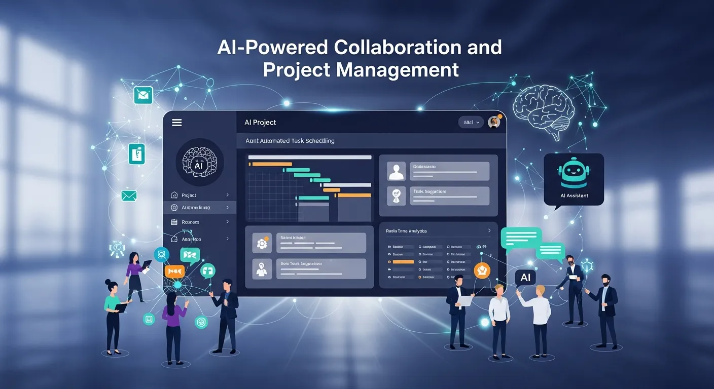 Team collaborating using digital dashboards and AI tools displaying tasks, analytics, and project updates in real time
