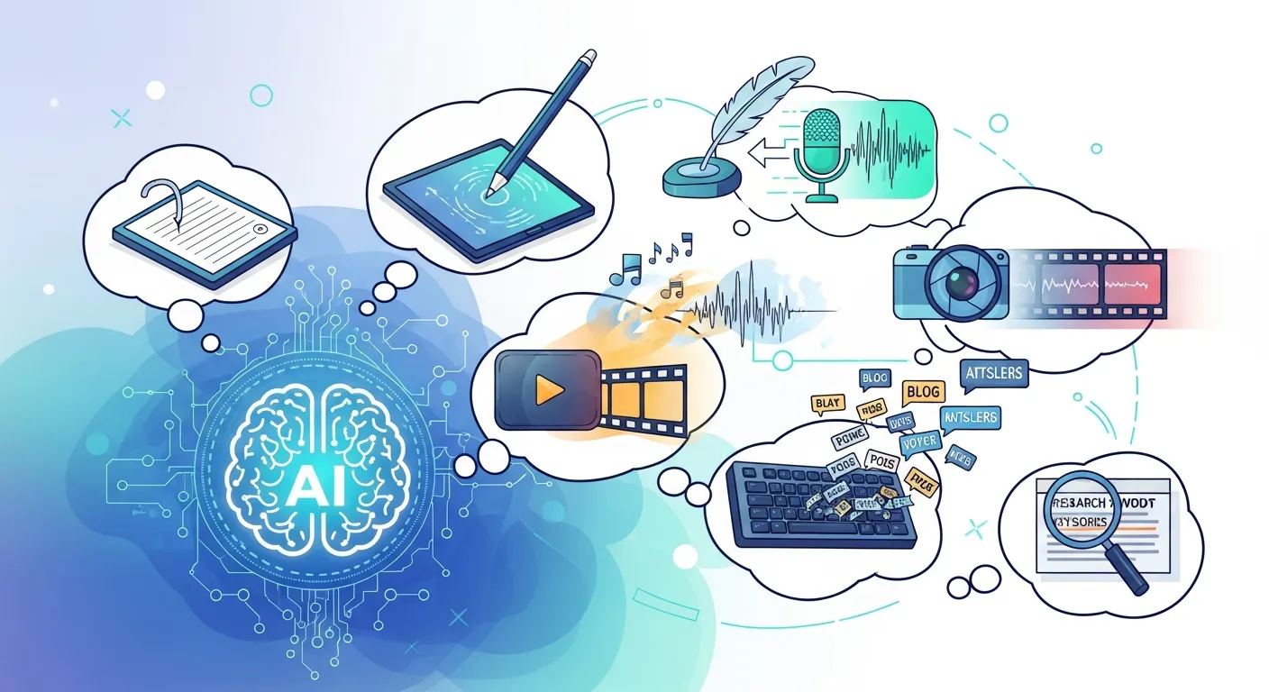 Digital interface showing AI writing assistant generating content, editing text, and improving communication productivity.