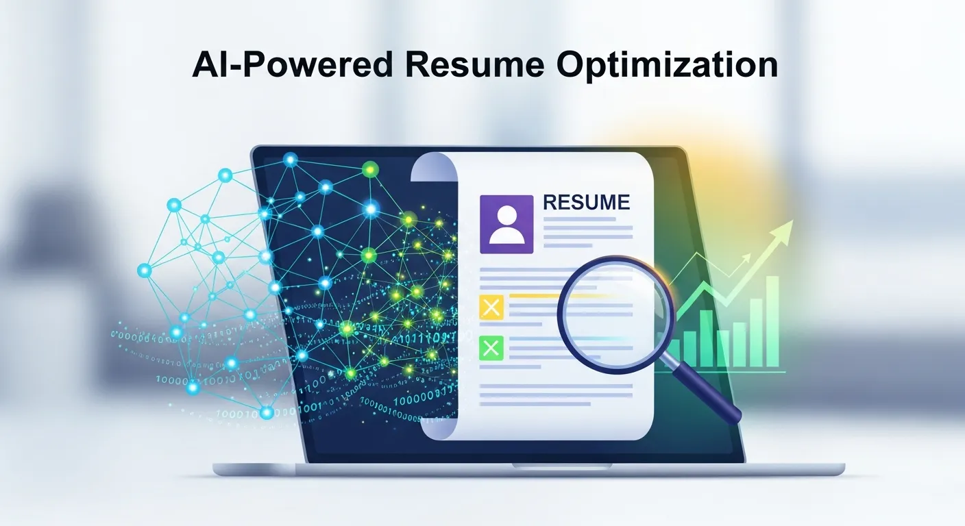 Job seeker using AI resume builder on laptop with highlighted keywords and optimized CV displayed on screen