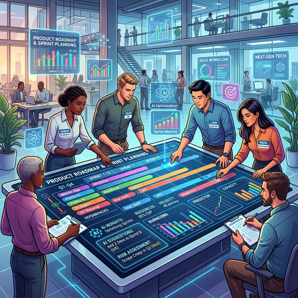 Product manager using AI-powered dashboard with analytics, roadmap planning, and team collaboration tools on multiple screens.