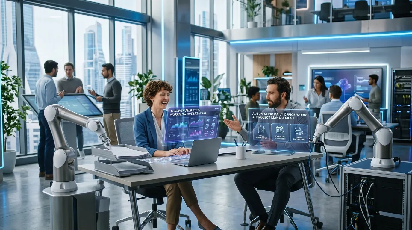 Office professionals using AI-powered software to automate repetitive administrative tasks and workflow management.