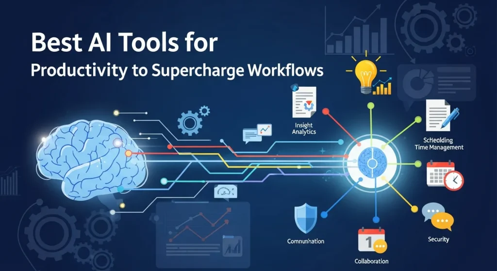 10 Best AI Tools for Productivity to Supercharge Workflows AI productivity tools dashboard showcasing automation, analytics, content creation, and project management features in a modern digital workspace.