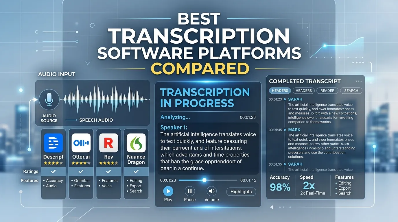 Different transcription software dashboards displayed on multiple devices showing subtitles, meeting summaries, and audio editing tools.