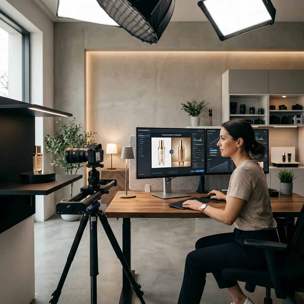 Online seller using AI product photography software to generate high-quality lifestyle product images
