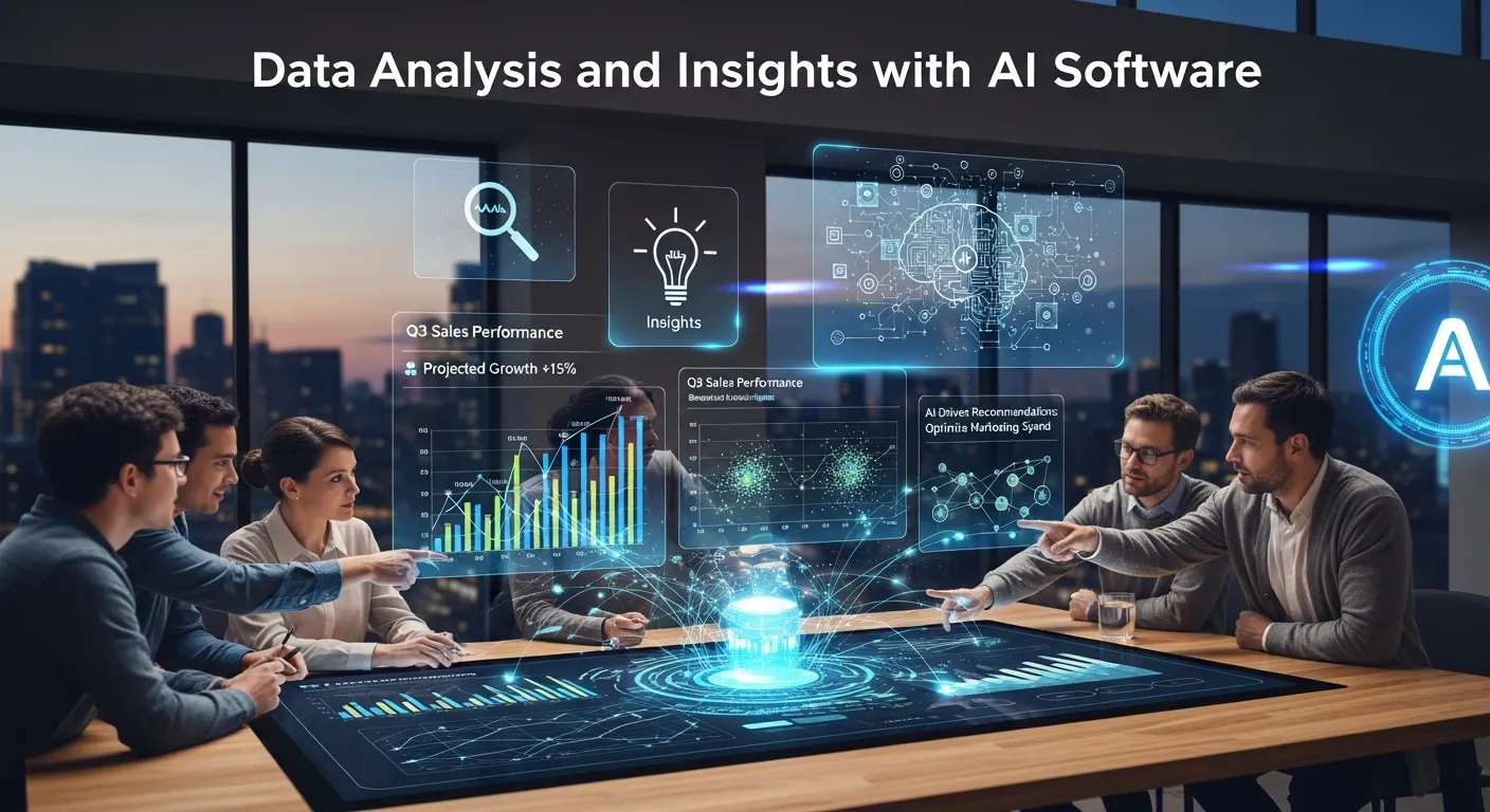 Business professional analyzing data charts and AI-generated reports on a computer screen for smarter decision making