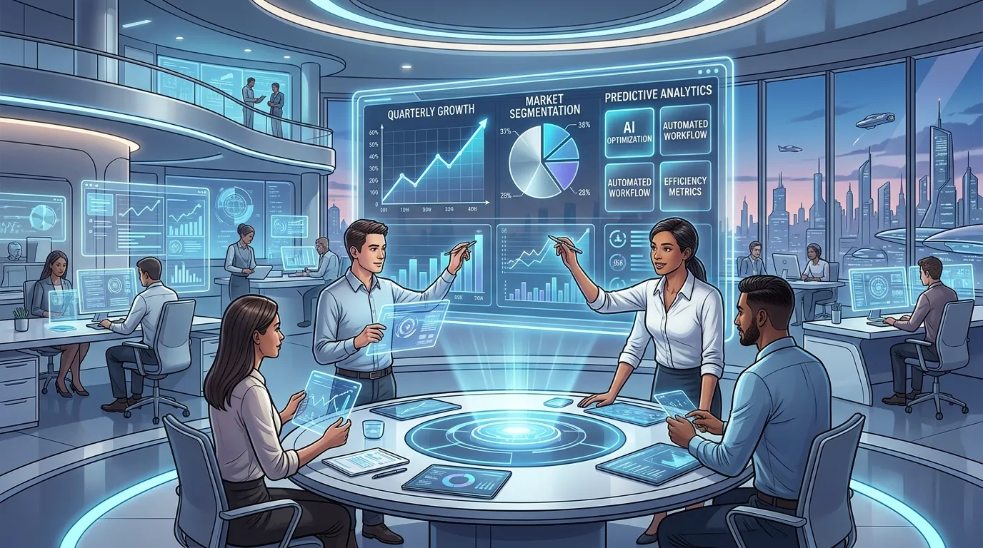 Human worker collaborating with AI interface showing data insights, robotics automation, and smart systems working together in a futuristic workspace.