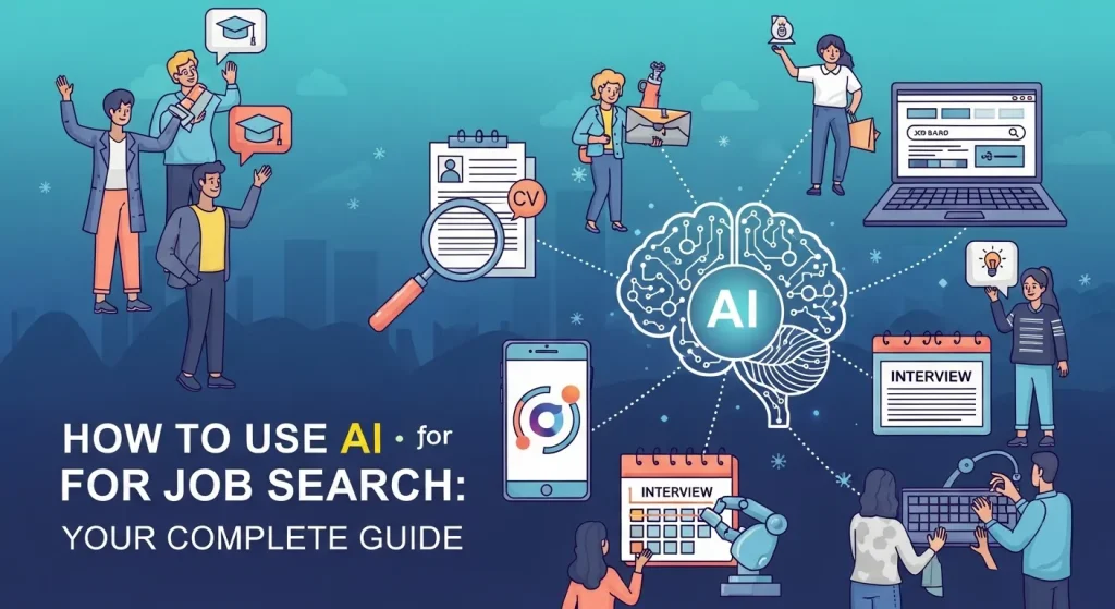 Modern job search concept showing AI technology connecting resumes, job listings, and interview preparation tools on a digital interface
