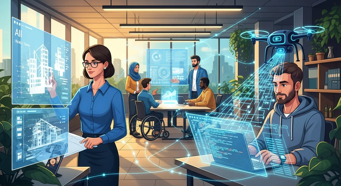 Office environment where employees interact with AI dashboards and automation tools to enhance productivity and decision-making