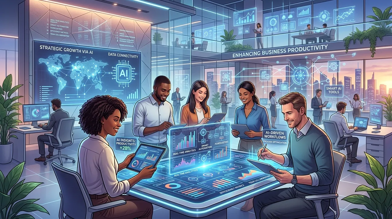 Business team analyzing AI automation tools and productivity data on digital screens in a modern workplace.