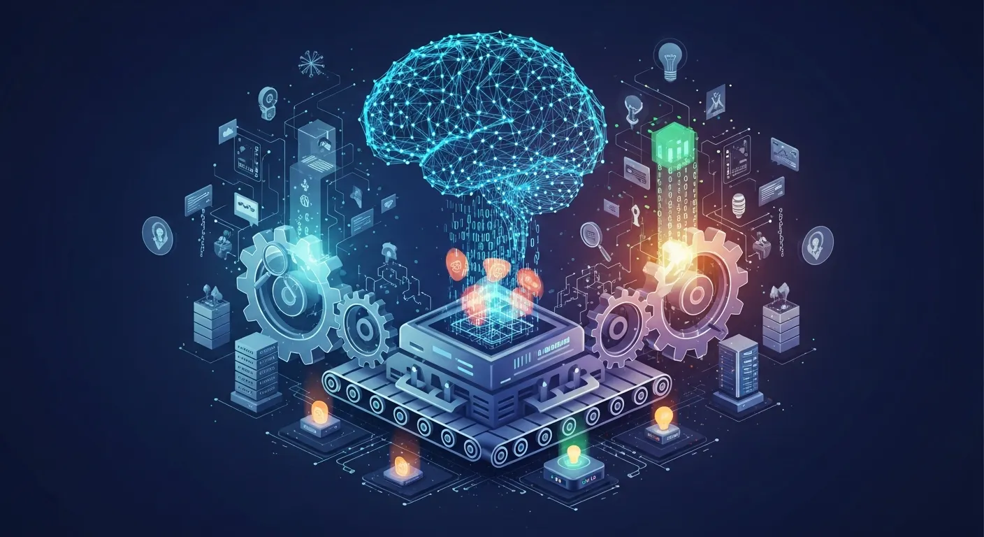 Futuristic interface displaying machine learning models analyzing large datasets for automation and predictive business insights