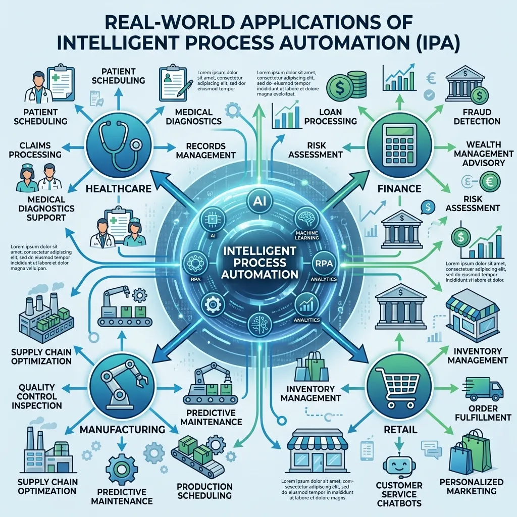 AI-driven intelligent process automation used in finance, healthcare, and customer service sectors