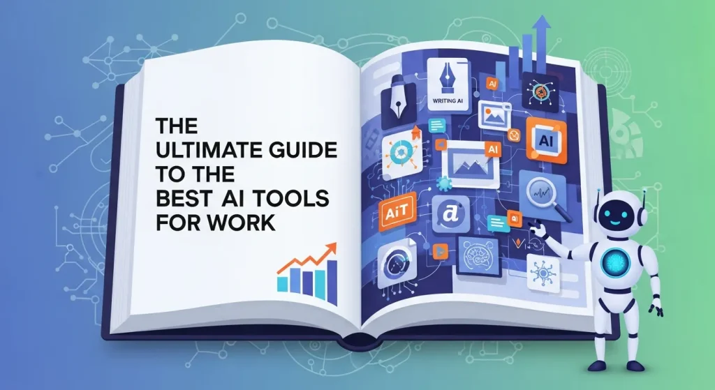 Futuristic workspace with AI-powered tools, digital screens, and a professional efficiently managing tasks using artificial intelligence technology best ai tools for work.