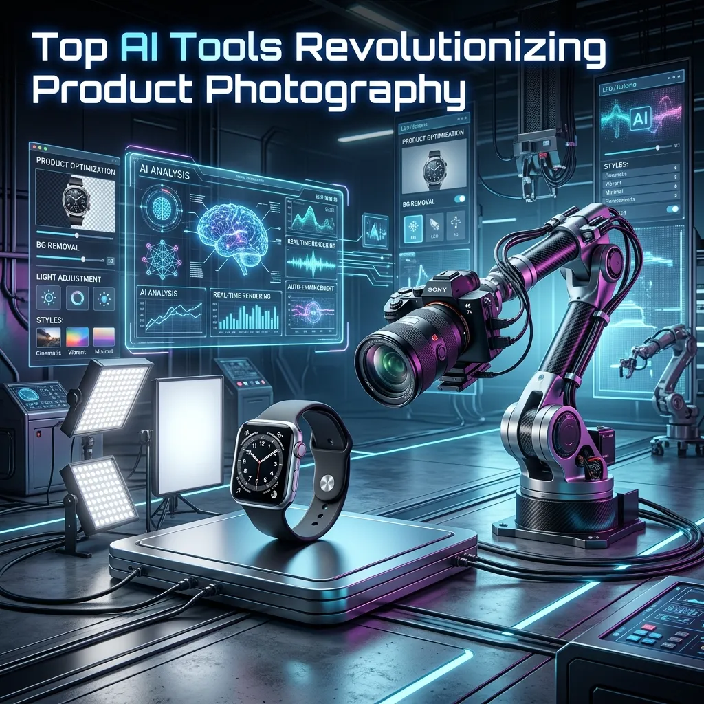 AI-powered product photography tools creating professional e-commerce images on a digital workspace