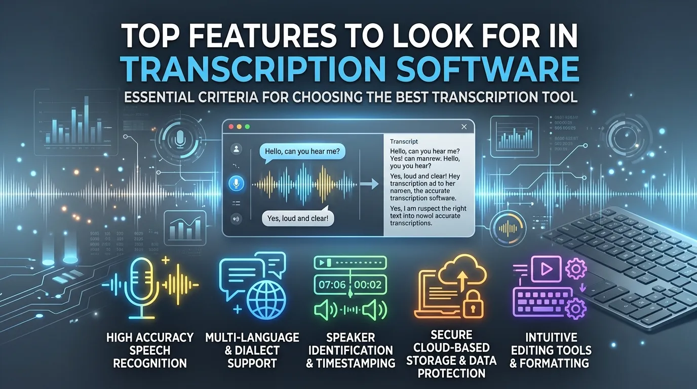 Professional using AI transcription software on a laptop with audio waveforms, editable text, and meeting notes on screen.