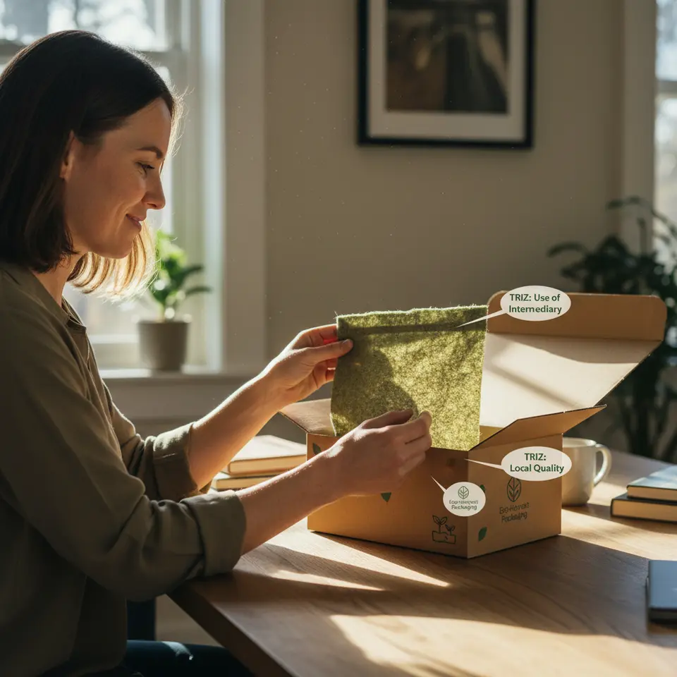 Sustainable Packaging Breakthrough – a realistic mockup of an eco-friendly package featuring compostable liners made from agricultural byproducts, set against a neutral background; include texture details of natural fibers, green accents, and small callouts for TRIZ principles like “Use of Intermediary” and “Local Quality.”