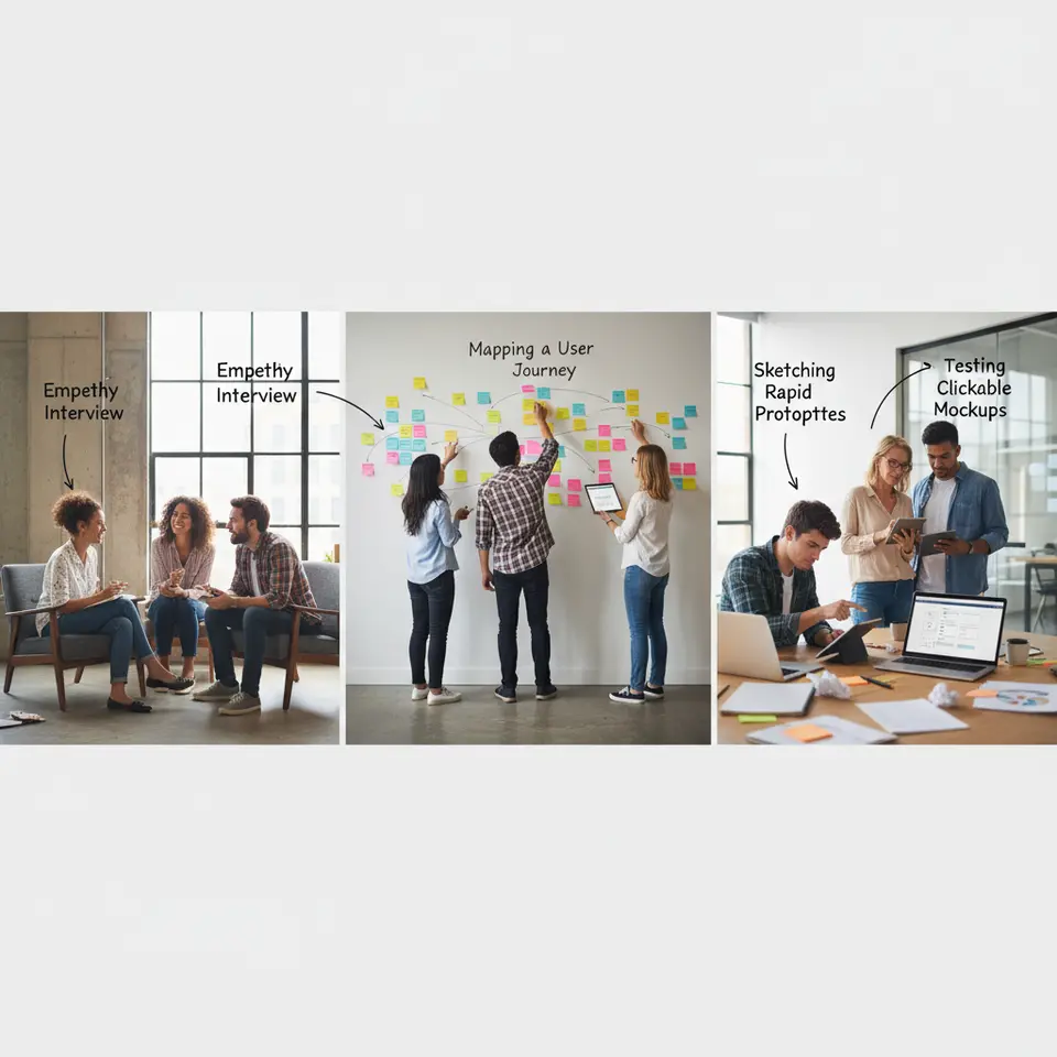 Design Thinking journey: a diverse team conducting empathy interviews, mapping a user journey on a wall filled with post-it notes, sketching rapid prototypes on paper and tablets, then testing clickable mockups with real users in an iterative feedback loop